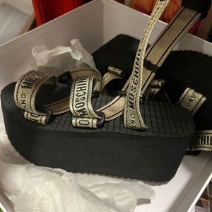Moschino logo print strappy platform heels
